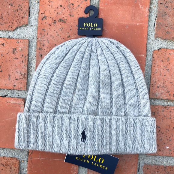 POLO Ralph Lauren Wool Cuffed Ribbed Beanie Cap NWT Grey - Picture 6 of 6